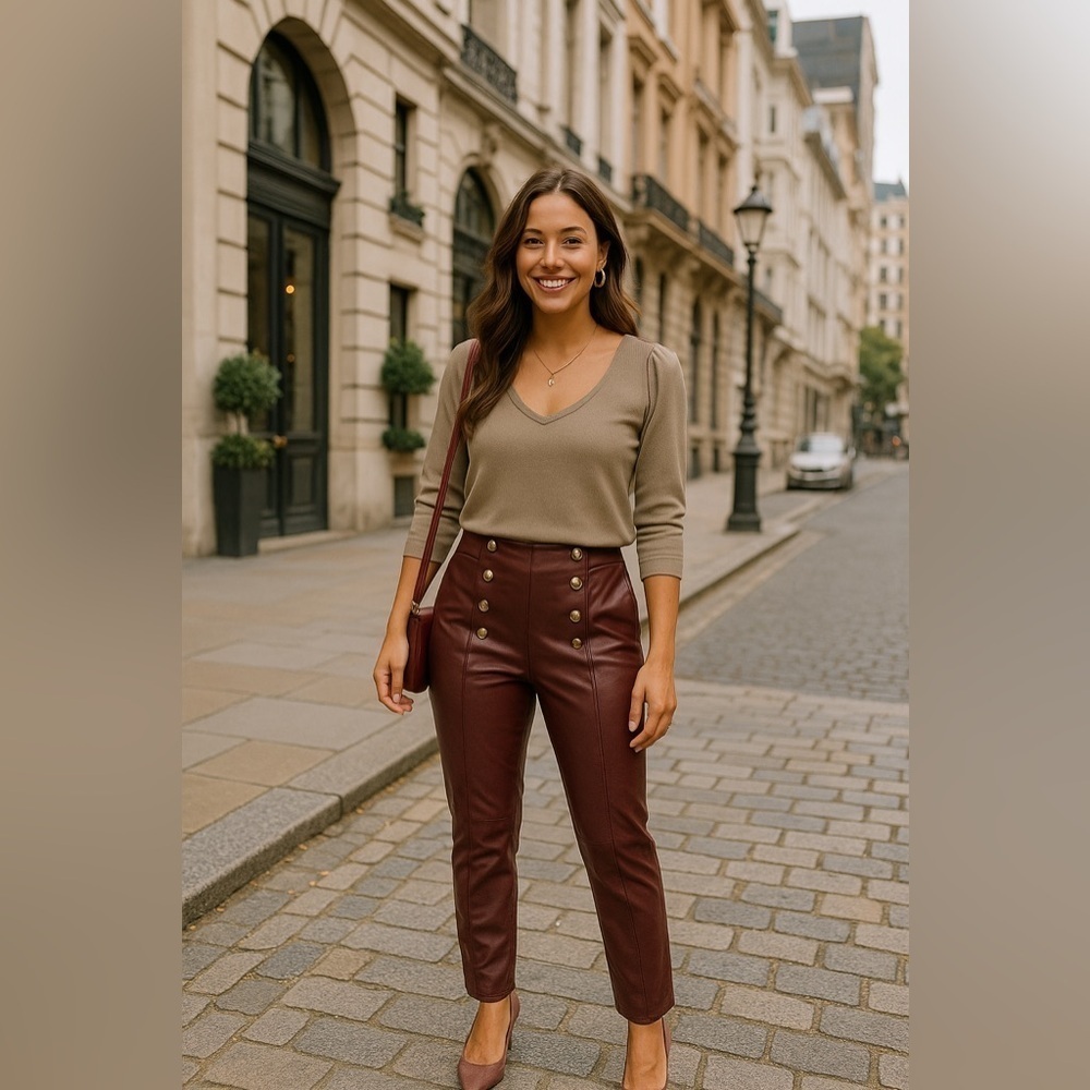 Carole Wren Faux Leather Pants Burgundy Oxblood Cherry Academia Parisian Scandi